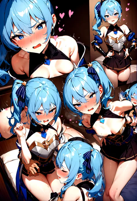 NSFW,masterpiece,Highest quality,High resolution,Super detailed,Star Town Suisei(Hololive),Blue Hair,One Side Ponytail,Blue Eyes,Small breasts,(Adventurer),(Fantasy),armor,breastplate,leotard,Off the shoulder,Removable sleeves,Micro Mini Skirt,Love Hotel a...