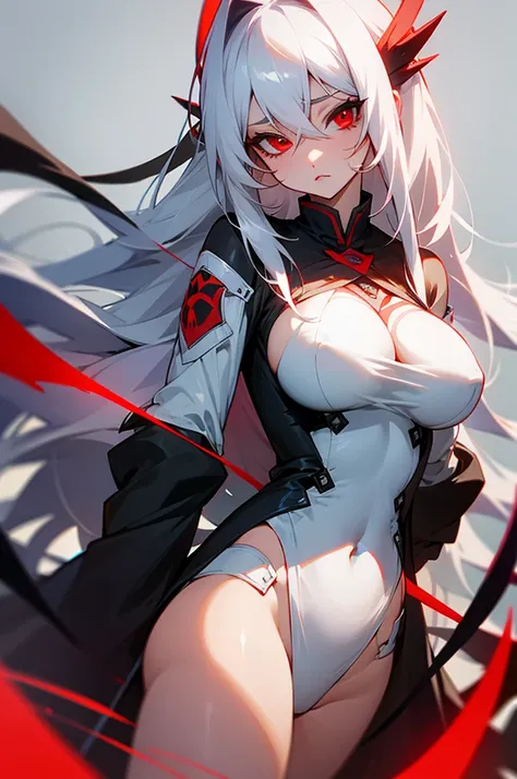 Woman long white hair red eyes big breast 