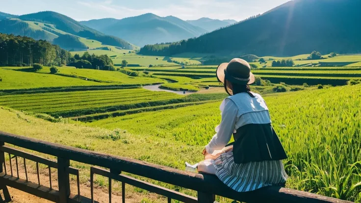 mountain illustration papercut, a woman in traditional dress sitting on the edge of a bridge daydreaming with her hands propped up, background of farmers working on the farm