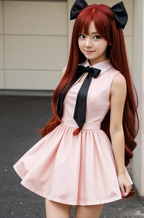 Create a  with long red hair, dark brown eyes, pink dress, black shoes and a white bow in her hair anime anime
