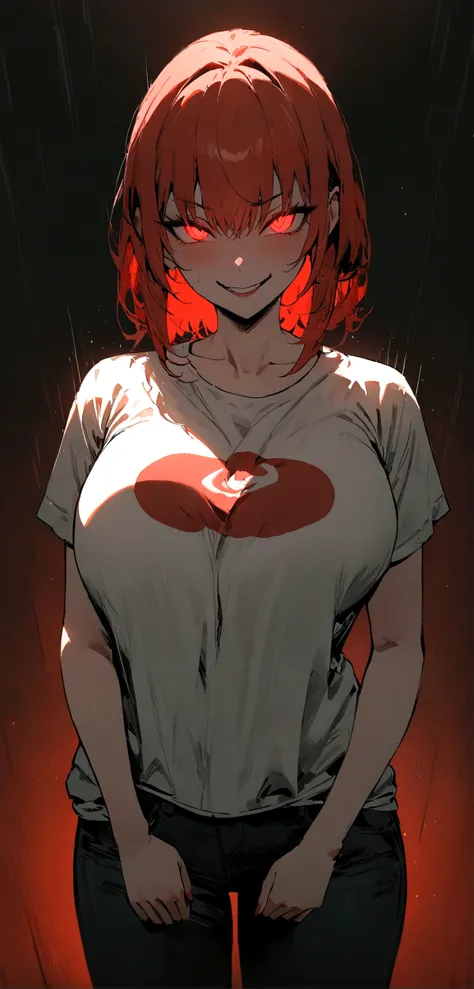 (Masterpiece:1.2, Best Quality), 1 woman, whole body, T-shirt, Casual, big breasts,by the wide vrojo, minimal makeup,pale,Natural fabrics, closeup face, evil smile, bright red eyes circular pupils,8K high resolution, detailed lines, ((whole body))