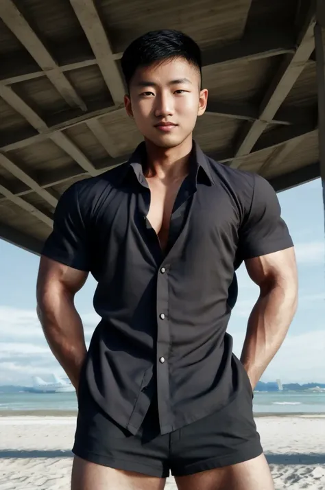 A young Asian man with large muscles looks at the camera. In a black button-down shirt , seaside beach sunlight looking at the airport