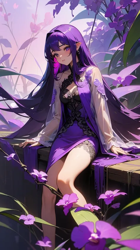 best quality,masterpiece,Ultra-high resolution,(photoactual:1.4),AnReal Model,A sky full of purple orchids（background）,14 year old violet fairy（oriental woman）,Purple shawl long hair,cute eyes,Sexy body,Wearing a purple orchid lace skirt,sitting on purple ...