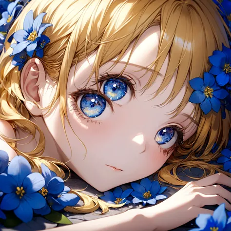 ((masterpiece:1.2, best quality)), (close-up:1.2), (head-shot:1.36), (perfect proportion, perfect face), ultra detailed, Ultra-precise depiction, Ultra-detailed depiction, dramatic lighting, 1girl, solo, yellow hair, blue eyes, laying on blue flowers