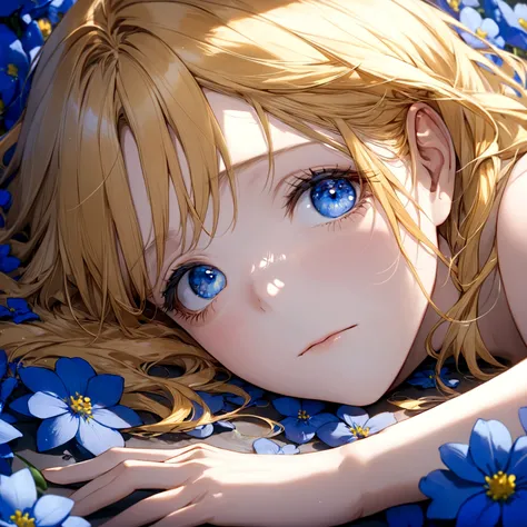 ((masterpiece:1.2, best quality)), (close-up:1.2), (head-shot:1.36), (perfect proportion, perfect face), ultra detailed, Ultra-precise depiction, Ultra-detailed depiction, dramatic lighting, 1girl, solo, yellow hair, blue eyes, laying on blue flowers