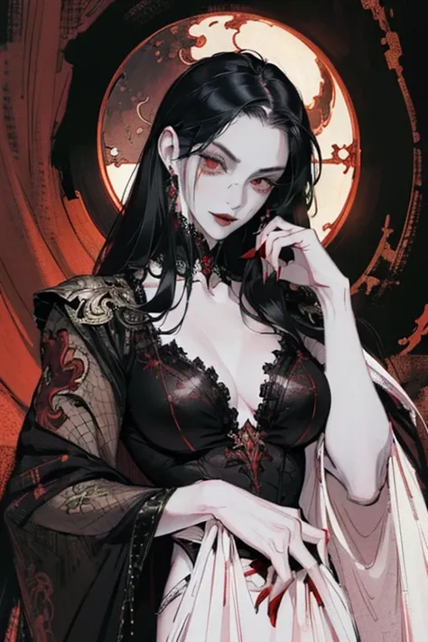 ((ultra realistic illustration:1.2)),(dark fantasy:1.4), (seductive). In a ornate bed chamber. Beautiful vampiress. long black hair, red eyes, ((very pale:1.4)), beautifully fit figure, natural perky breasts. Blood red lipstick, long sheer gown, .Masterpie...