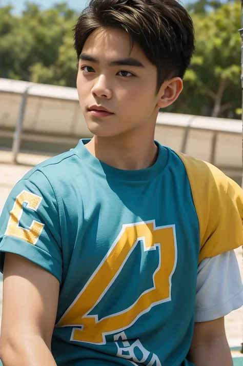 young asian man Looking at the camera in a sports shirt , Fieldside, beach, sunlight, looking at the football field