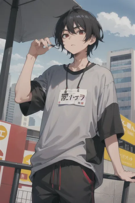 masterpiece, city, 1boy, black hair, red eyes, gray t-shirt, sweatpants izumi name tag as NyctoPhilia