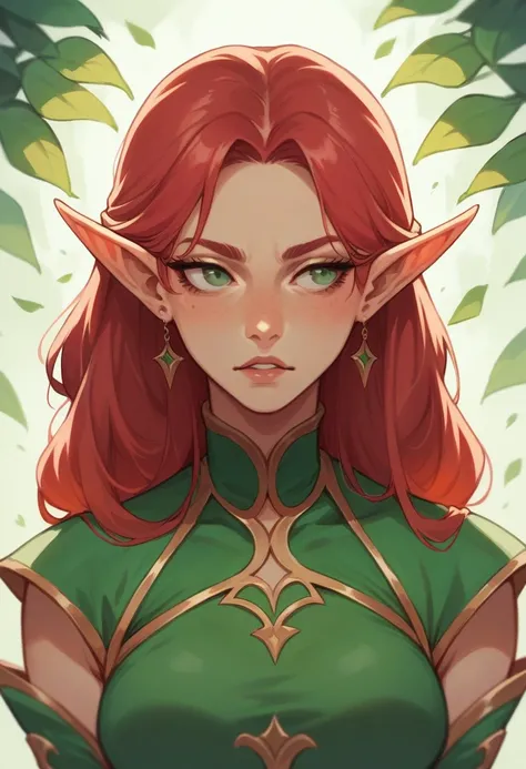 A girl with red hair with elf ears looking ahead with a seductive look In a green costume in nature 