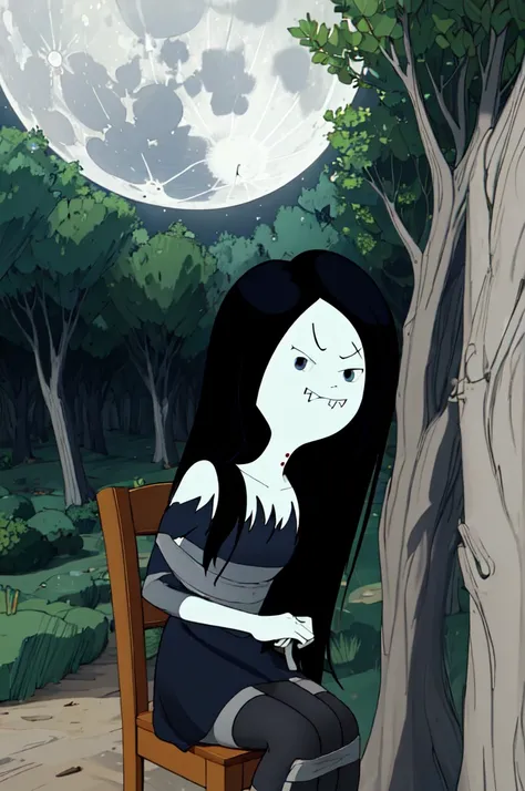 marceline, 1girl, long hair,solo,  black hair, dress, striped,striped pantyhose,  black eyes, bite mark, dot eyes, very long hair, fangs, colored skin, tree, barefoot, forest, grey skin,night,moon,sit tied to a chair, looking at viewer, upper body, full bo...