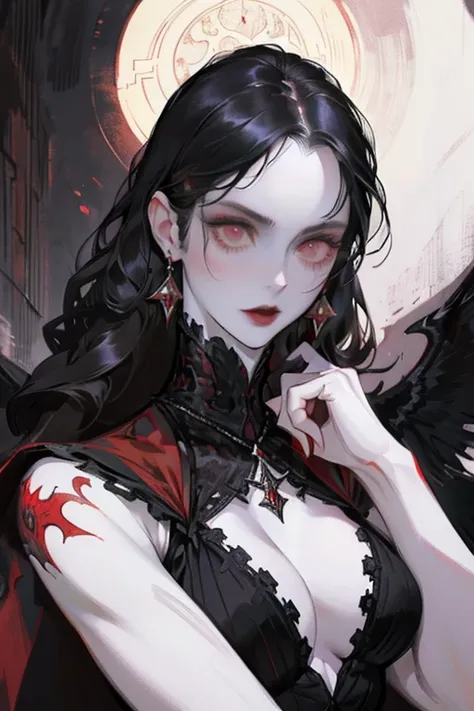 (close-up of womans face),((ultra realistic illustration:1.2)),(dark fantasy:1.4), (seductive, malevolent desire). In a ornate bed chamber. Beautiful vampiress. long black hair, red eyes, ((very pale:1.4)), beautifully fit figure, natural perky breasts. Bl...