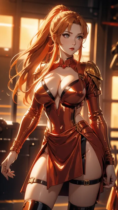 red translucent armor，Arm mecha，Short golden hair，Long ponytail hairstyle，Large Breasts，Cleavage，Pistol hanging from waist，fighter pilot，fighter hangar，Sexy，Lipstick，Miss，Golden Eyes，stockings，Short skirt