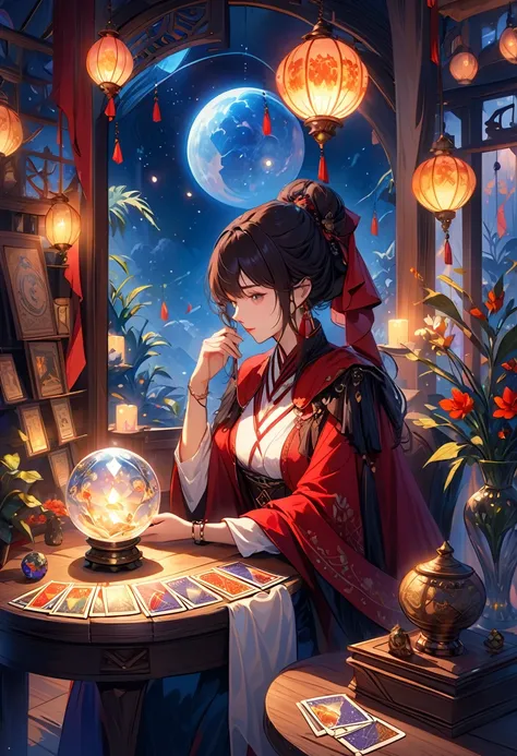 A beautiful and mysterious fortune teller，In a compact and fun environment. Fortune teller wearing cape, Delicate facial features. 

The scene is dimly lit, Create an atmosphere of uncertainty and anticipation. Fortune teller sitting at the table, Decorate...