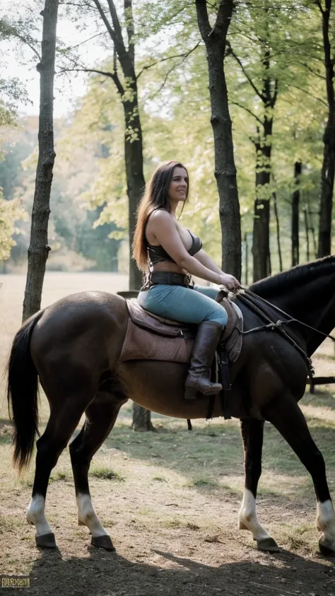 Highest quality, rear angle, low level shot, photo of a Solo milf, cowgirl at western, hot fleshy top-rated cougar, leather bikini top, (g-strings thong with cowboy belt), cowboy boots, fullbody pose, outdoors, in scenic high-fantasy country side woodlands...