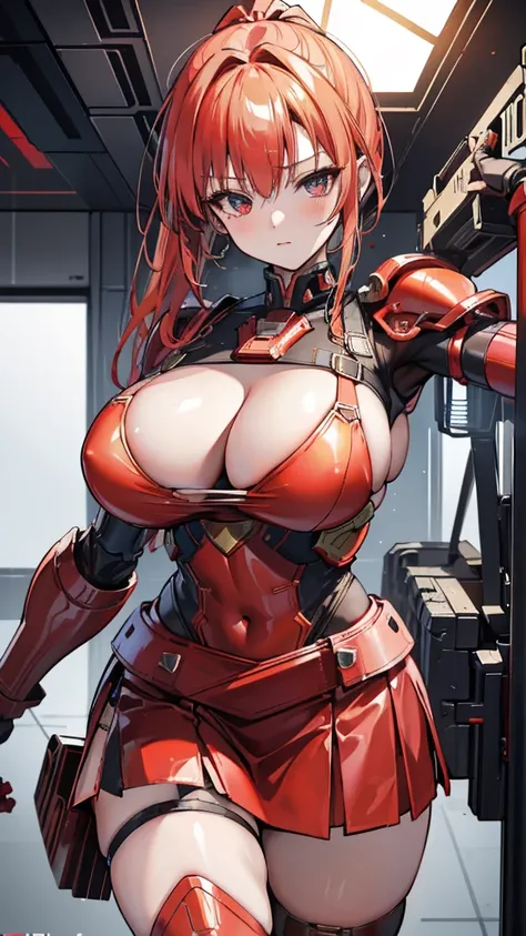 red translucent armor，Arm mecha，Short golden hair，Long ponytail hairstyle，Large Breasts，Cleavage，Pistol hanging from waist，fighter pilot，fighter hangar，Sexy，Lipstick，Miss，Golden Eyes，stockings，Short skirt