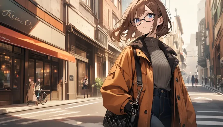 diagonal, Streetscape、Brown Hair、bright、Glasses、woman、Jacket、stylish