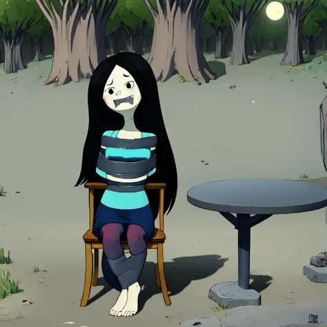 marceline, 1girl, long hair,solo,  black hair, dress, striped,striped pantyhose,  black eyes, bite mark, dot eyes, very long hair, fangs, colored skin, tree, barefoot, forest, grey skin,night,moon,sit tied to a chair, looking at viewer, upper body, full bo...