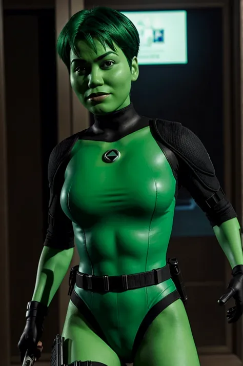 ultra detailed, masterpiece, best quality, solo, 
 d0tmatrix, green skin, green hair, tactical clothes, black bodysuit,