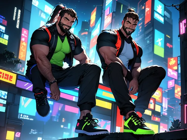 30 years, man, ponytail, full beard, dark brown hair, sitting on top of a building, smile on the face, open metallic blue vest, bare hairy chest, neoprene pants, neon details, worked body, cyberpunk city background, starry sky, evening, 4k