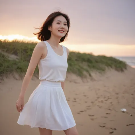 gentle red sun at sunset on the beach，A soft lingering scent is reflected in the sea., Beautiful 36-year-old short Korean woman, Chest size 34 inches, Wear white sleeveless, lightweight mid length skirt. beautiful pretty woman look , wearing a light skirt ...