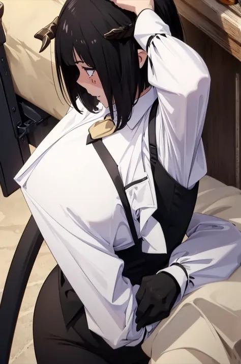 work of art, best qualityer, high resolution, 1girl horns short hair demon tail, white shirt black ascot black gloves black pants black vest lying on your back, sheet, arms up,blushed,face red,Hands behind the head,ssmile
