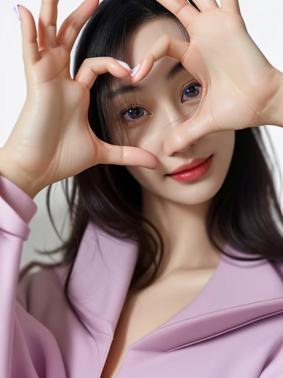 (medium shot:1.2), looking at viewer, smiling elegant slim asian woman, Korean, wearing (labcoat:1.4), black hair, (heart hands), (modern surgery room), photo, 1girl, ultra high res, realistic photorealistic, ultra-detailed, finely detailed, high resolutio...