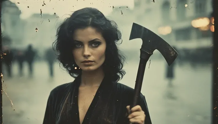 35mm vintage street photo of a beautiful lady, wearing black robe,holding a scythe , bokeh, professional