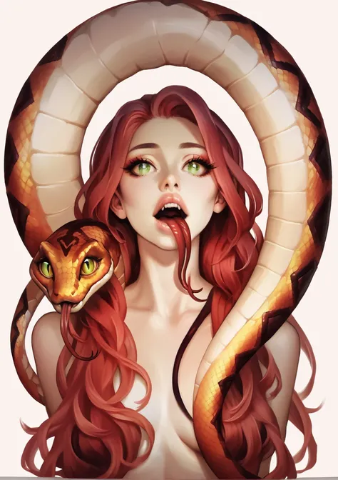 1girl, snake girl, monstergirl, snake tail, snake tail from waist down, entire girl, long hair, red hair, beautiful detailed eye...