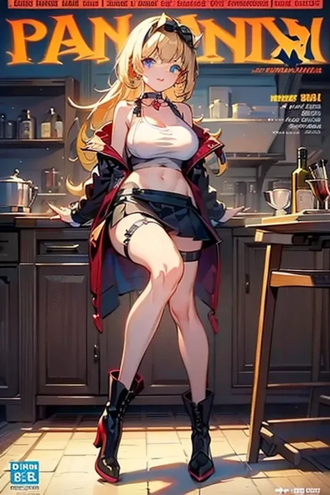 (masterpiece:1.2), (Military uniform magazine cover:1.4),best quality,PIXIV,Sweet girl , sexy posture,1girl, (perky chest:1.2), rolling upskirt by wind:1.6, (with sparkling eyes and a contagious smile),open mouth, (pointed chest:1.2),fishnets, black hair, ...