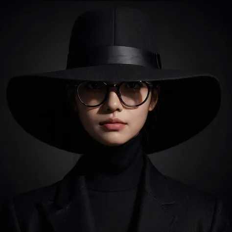 Professional photorealistic depiction of a black backgrond, a korean woman dressed like detective completely in black , wear hijab and glasses,her clothes blend completely in the background.half of her face (45 degrees from above to bottom) is visible and ...