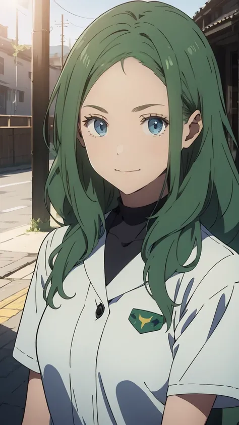 green eyes, (green hair),((wavy hair)),  uniform,one girl, alone,very beautiful, best quality, amazing quality, curated, shape, highly detailed, anime coloring,highly detailed, official art, warm tones, sun flare, soft shadows, vibrant colors,highly detail...