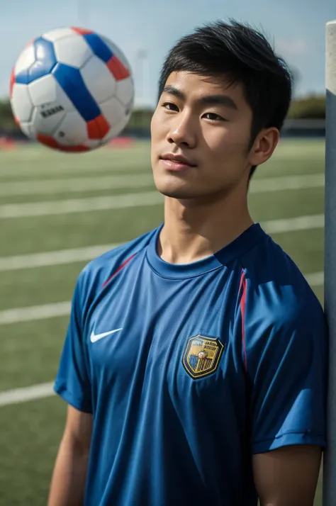 young asian man looking at the camera in a sports shirt , fieldside, beach, sunlight, looking at the football field