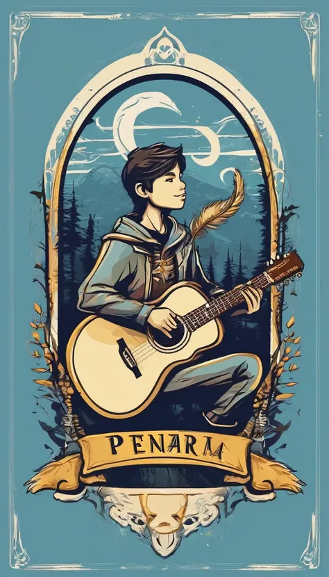 Create a minimalistic, simple, fantastic, easy to understand, logo design of a boy playing acoustic guitar and a feather for an upcoming Fantasy Role Playing Game called " Penamemoria". The game is about a world full of birds and feathers. A boy with an ac...