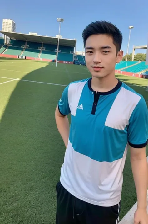 young asian man looking at the camera in a sports shirt , fieldside, beach, sunlight, looking at the football field