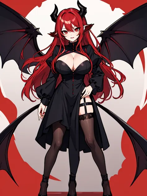 Red-haired semi-long、black tights、Black Dress、devil、wing、Slanted Eyes、Standing、Big Breasts、Red heel、Succubus