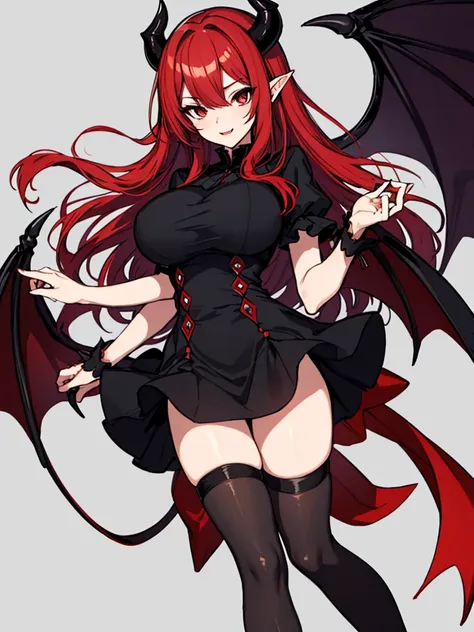 red-haired semi-long、black tights、black dress、devil、wing、slanted eyes、standing、big breasts、red heel、succubus