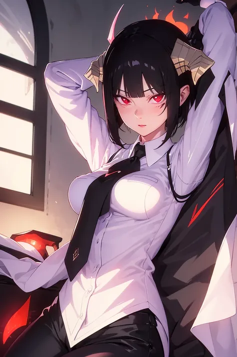 work of art, best qualityer, high resolution, 1girl horns short hair demon tail, white shirt black ascot black gloves black pants black vest lying on your back, sheet, arms up,blushed,face red,Hands behind the head,ssmile,red eyes glowing
