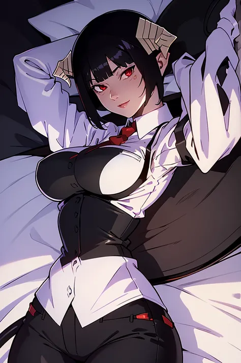 work of art, best qualityer, high resolution, 1girl horns short hair demon tail, white shirt black ascot black gloves black pants black vest lying on your back, sheet, arms up,blushed,face red,Hands behind the head,ssmile
