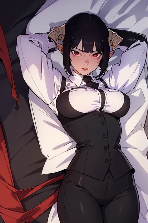 work of art, best qualityer, high resolution, 1girl horns short hair demon tail, white shirt black ascot black gloves black pants black vest lying on your back, sheet, arms up,blushed,face red,Hands behind the head,ssmile
