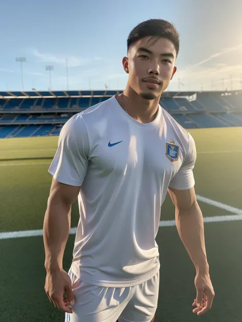 Tony Labrusca, young asian man Looking at the camera in a sports shirt , Fieldside, beach, sunlight, looking at the football field