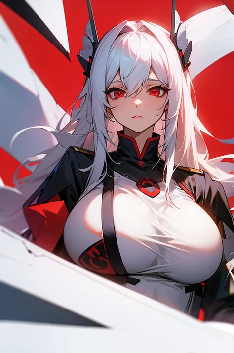 Woman long white hair red eyes big breast uniform ship