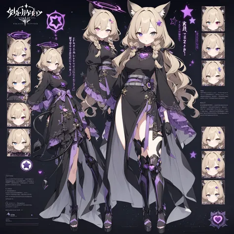 1 woman 180cm tall. (character design sheet: front view, back view). long dark blonde hair, slim build, wavy hair with hip length curls, has a short central tuft, She has two short braids on the left and right side of her head..  He has black serval ears w...