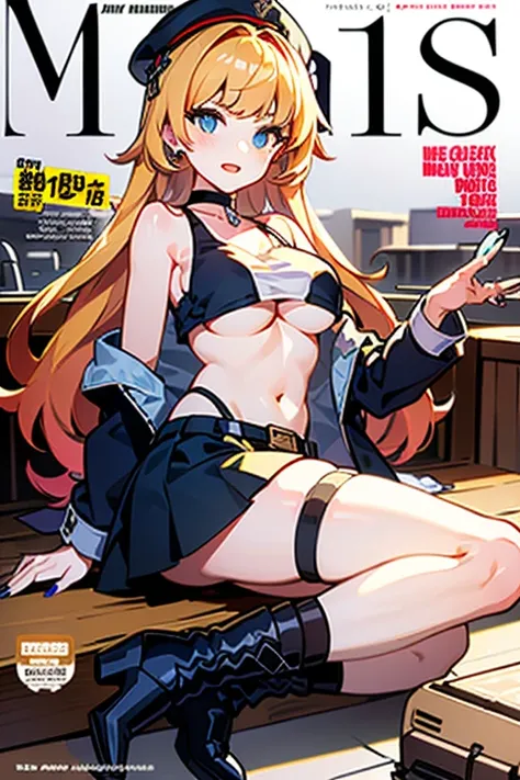 (masterpiece:1.2), (Military uniform magazine cover:1.4),best quality,PIXIV,Sweet girl , sexy posture,1girl, (perky chest:1.2), rolling upskirt by wind:1.6, (with sparkling eyes and a contagious smile),open mouth, (pointed chest:1.2),fishnets, black hair, ...