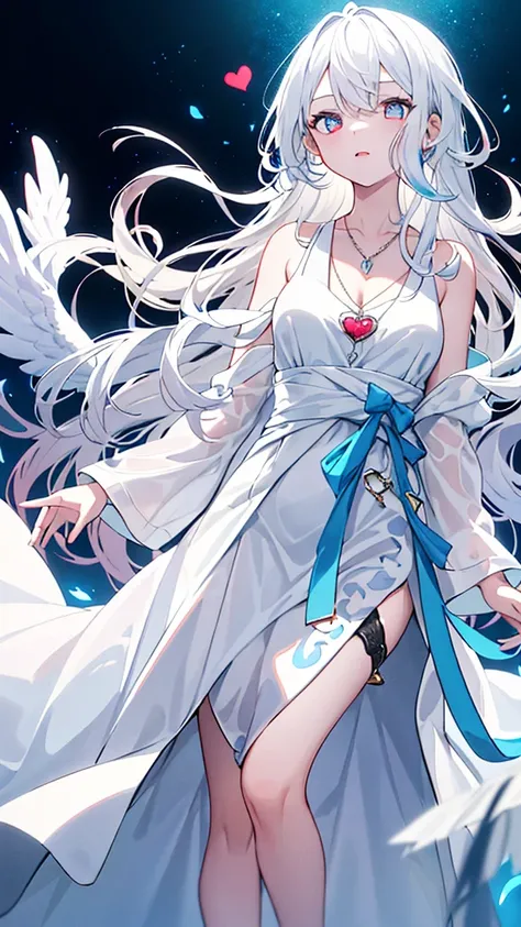 a girl with white wavy hair wearing a white dress with a blue ribbon accent at the waist. He has heterochromic eyes, with one sky blue eye and one blood red eye. He also wears a blue heart-shaped pendant necklace. The background is dark and the light effec...