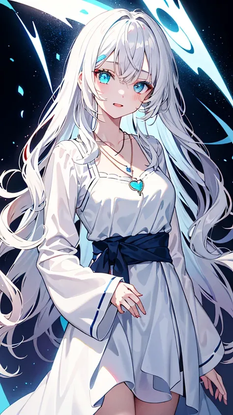 a girl with white wavy hair wearing a white dress with a blue ribbon accent at the waist. He has heterochromic eyes, with one sky blue eye and one blood red eye. He also wears a blue heart-shaped pendant necklace. The background is dark and the light effec...