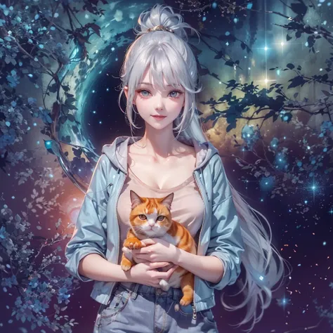 (((Holding a cute orange fat cat with super short legs in both hands，Correct anatomy)))，((Highest quality，masterpiece，一位Mature美女，Super thin air parted bangs，Blue gray high ponytail super long straight hair，Double sideburn curly hair，Hair ends curled in，Gra...