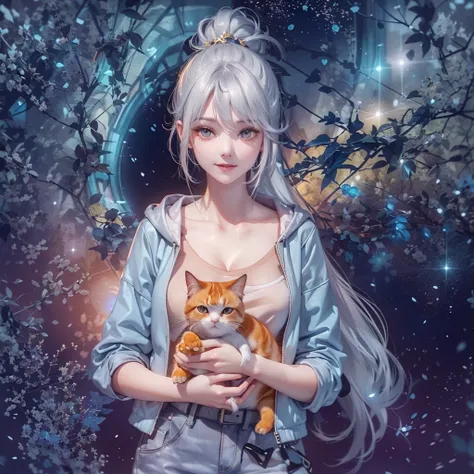 (((Holding a cute orange fat cat with super short legs in both hands，Correct anatomy)))，((Highest quality，masterpiece，一位Mature美女，Super thin air parted bangs，Blue gray high ponytail super long straight hair，Double sideburn curly hair，Hair ends curled in，Gra...