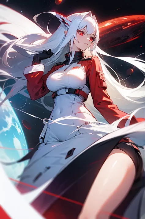 Woman long white hair red eyes big breast uniform space ship