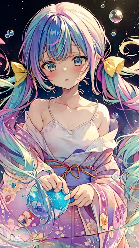 Dreamy, dreamy cute, pale, Haze, (masterpiece, Highest quality, Highest quality, watercolor (middle), Upper Body, kiss, Lesbian, yukata, Change of clothes, pattern, break, (Rainbow hair in twin tails: 1.2), break, Soap bubble, cloud, colorful, Soap bubble,...