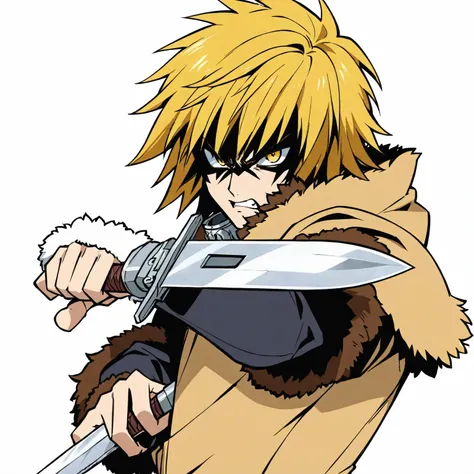 anime character with yellow hair holding a dagger in his hand, kentaro miura manga art style, key anime art, high quality colored sketch, striking manga artstyle, badass pose, best anime character design, advanced digital anime art, trigger anime artstyle,...